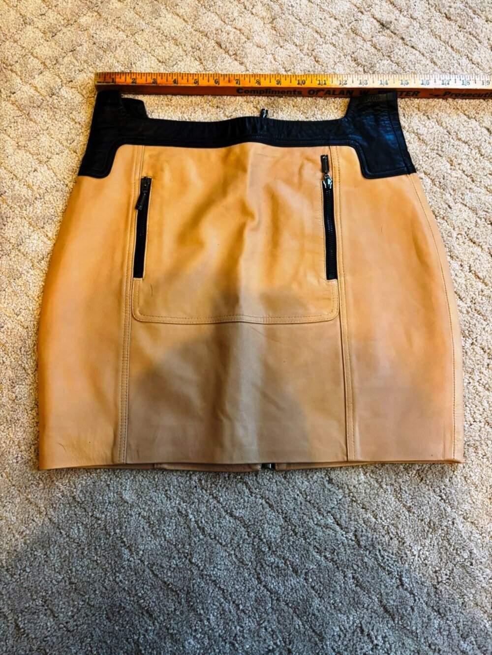Stella & Jamie Genuine Leather Mini Skirt Black Camel Moto Designer L